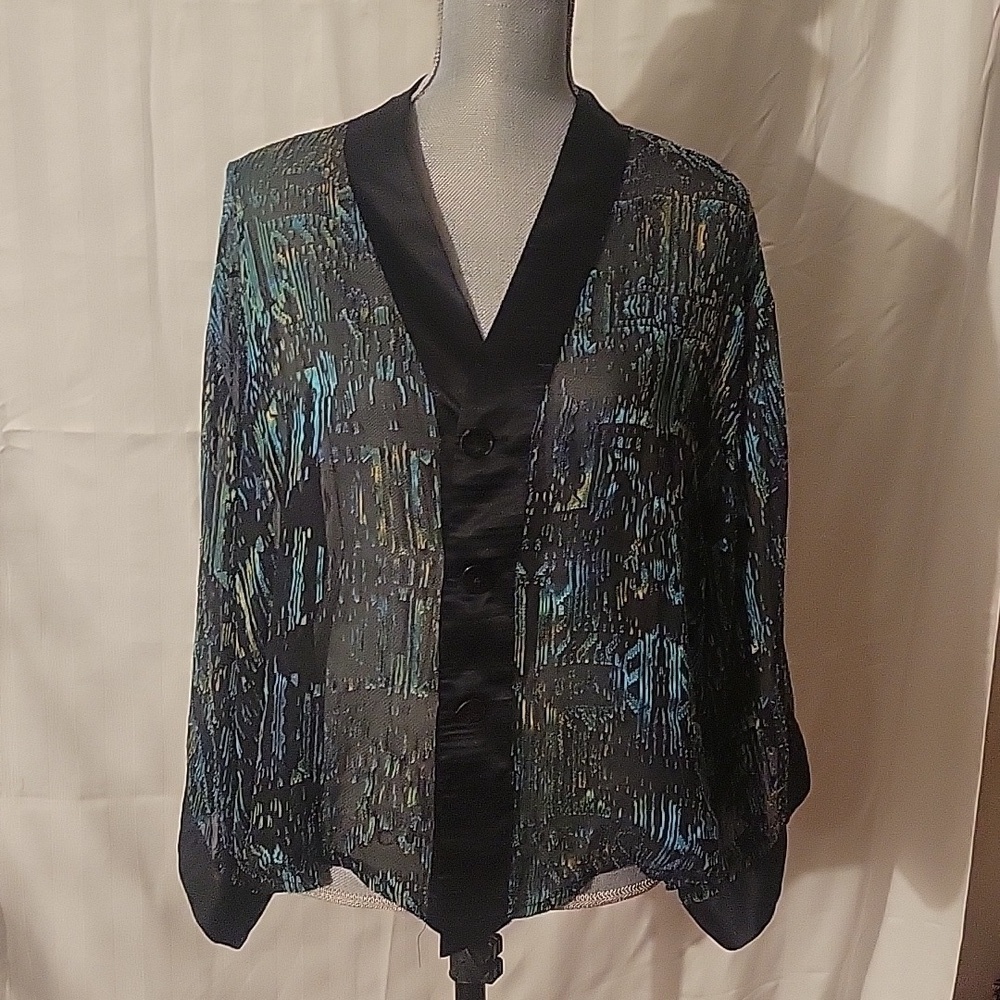 CHICO'S Long Sleeve Button Down Black & Blue Sheer Blouse, Size: 2